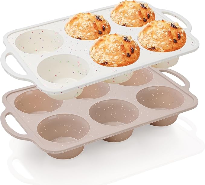 Vinino 2Pack Jumbo Silicone Muffin Pans for Baking with Metal Reinforced Frame, 6 Cups Large Size Nonstick Silicone Cupcake Pan, BPA Free Oven Dishwasher Safe Baking Mold for Muffins Cupcakes