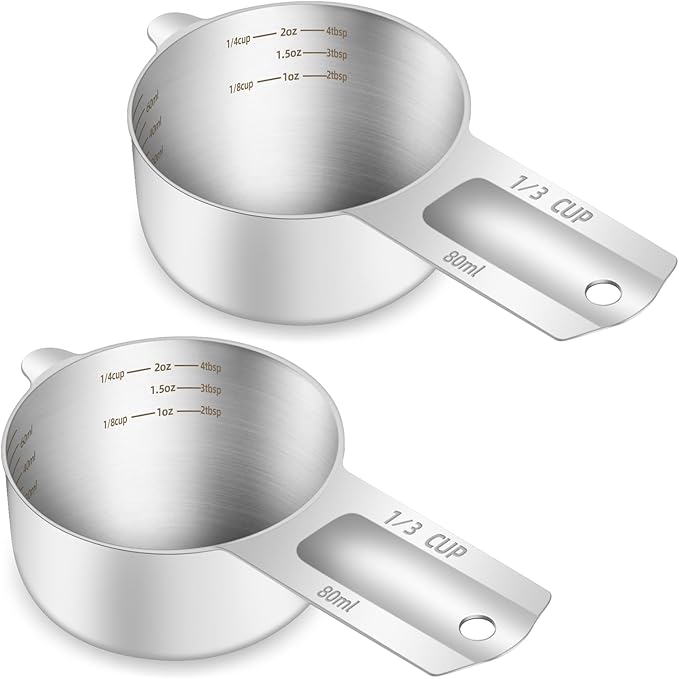 2PCS 1/3Cup (80ml, 2.6oz) Single Measuring Cup, Etched Inner Scale Stainless Steel Measure Scoop, Metric and US Measurement, Dishwasher Safe