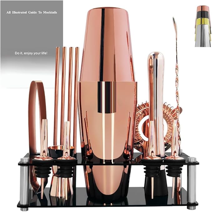 Professional Cocktail Shaker Set with Stand Cocktail Recipes, 15-Piece 750/600ml Bartender Kit, Bar Sets Bartending Kit Bar Tool Set 25/20oz Boston Shakers, Jigger, Muddler (Rose Gold)