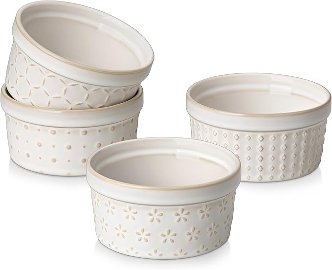 MALACASA Ramekins 6 Oz Oven Safe, Ceramic Creme Brulee Souffle Dishes, Pudding Custard Cups Ramekin For Baking, Small Dipping Sauce Bowls, Set of 4, Microwave and Dishwasher Safe, Arctic White