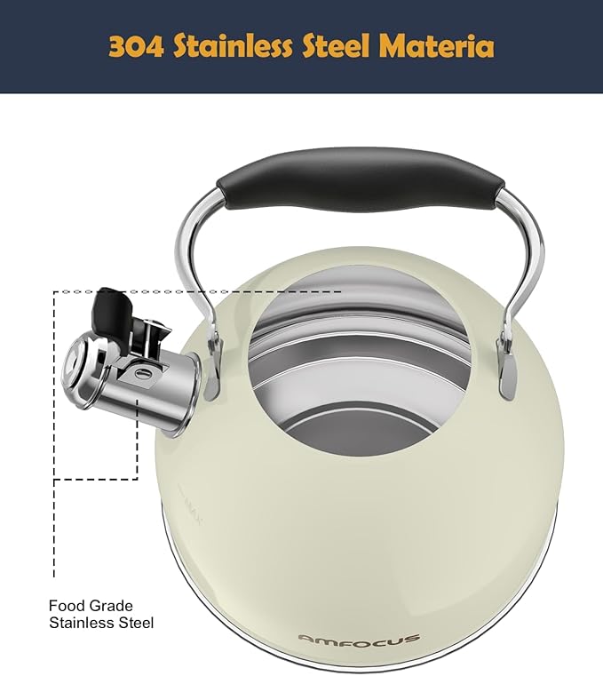 Tea Kettle, 2 Quart Stainless Steel Whistling Tea Kettle, Stovetop Whistling Teakettle Tea Pots for Stove Top with Ergonomic Folding Handle, Small Teapot, Water boiler for Tea, Coffee (White)