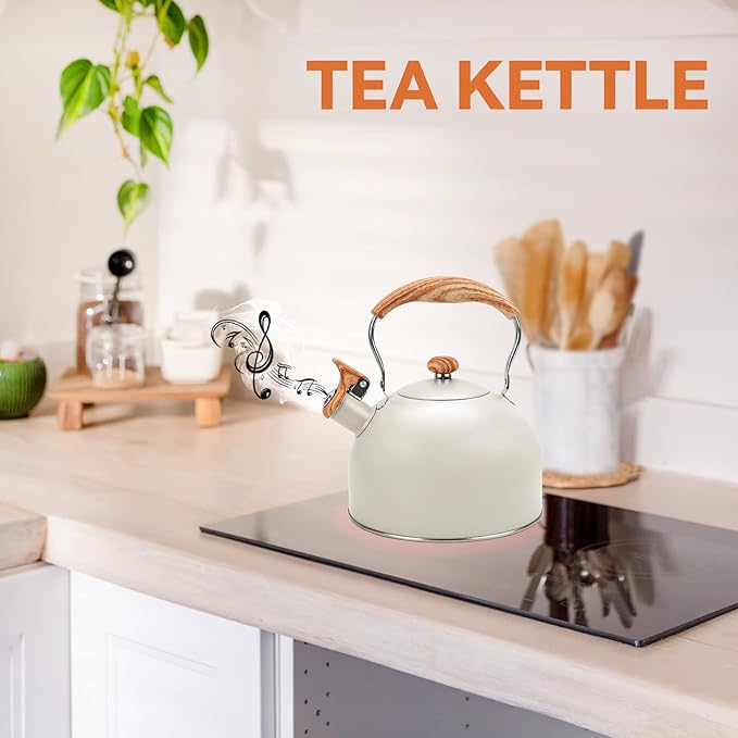 Tea Kettle Stovetop, 2.6Qt Whistling Tea Pots for Stove Top, Heat-resistant Folding Handle，Cute Teapot(Beige)