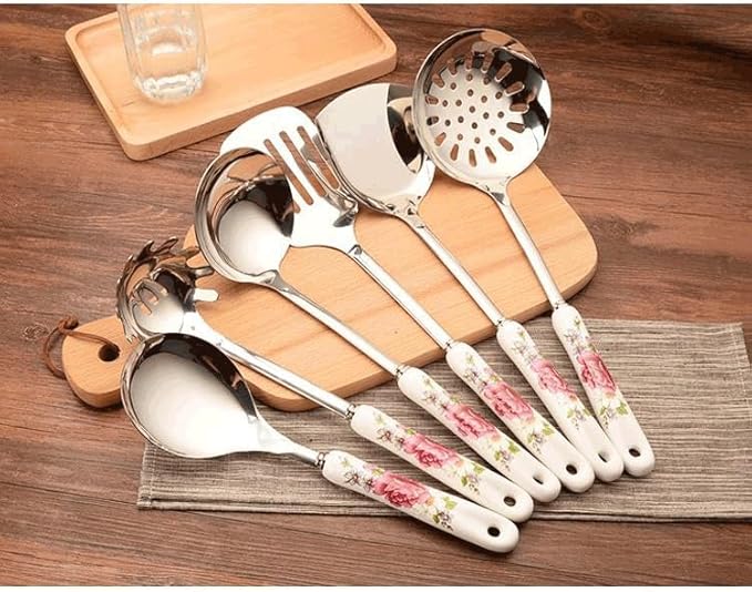 Ceramic Handles Cooking Tool Set Stainless Steel Kitchen Utensils Of Cookers Shovels Spoons(D)