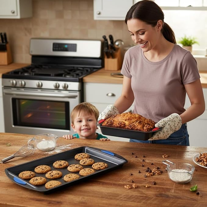 NutriChef 10-Piece Nonstick Bakeware Set - Heavy Duty Carbon Steel Baking Trays w/Silicone Handles - Includes Cookie Sheets, 12-Cup Muffin Pan, Pizza & Loaf Pan, Round & Square Pans - Easy to Clean