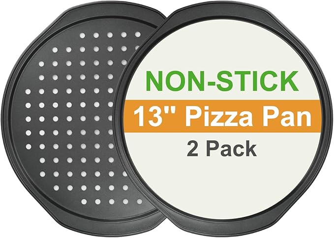 13 Inch Pizza Pan for Oven, 2 Pack Round Pizza Pan with Holes Non-sticking Carbon Steel Pizza Tray with Handles Pizza Baking Pan for Cooking and Grilling Oven Safe