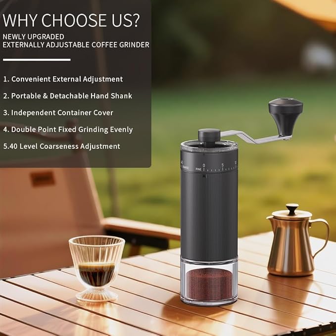 Hand Coffee Grinder Conical Burr for Espresso French Press Pour Over Double Bearing External Adjustment Capacity 25g (Ceramic Burr-Black)