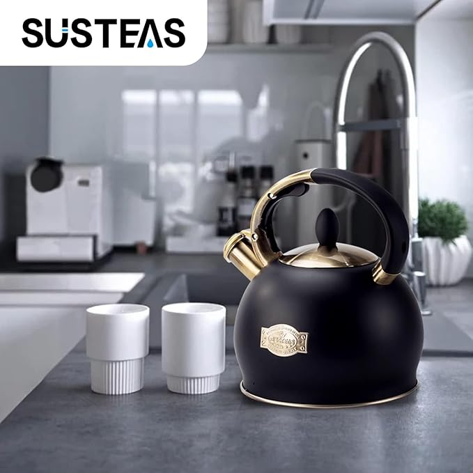 SUSTEAS Stove Top Whistling Tea Kettle - Food Grade Stainless Steel Teakettle Teapot with Cool Touch Ergonomic Handle, With 1 Silicone Pinch Mitt Included, 2.64 Quart(BLACK)