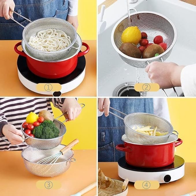 Stainless Steel Basin Colander with Handle Kitchen Strainer, Resting Feet and Colander to Strain, Rinse, Fry, Steam or Cook Vegetables & Pasta & Wash fruits