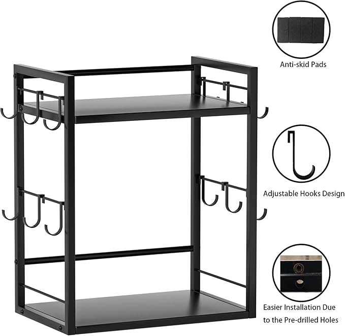 Dorhors 2 Tier Coffee Bar Accessories and Organizer,Multi-functional Mug Holder with 12 Hooks,Wood Coffee Station Organizer,Kitchen Countertop Shelf (Black)