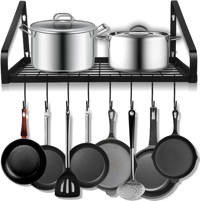 Felibeaco Hanging Pots & Pans Rack,Wall Mounted Pots Pans Organizer Holder Rack with 8 Hooks, Kitchen Wall Storage Organizer Hanger Shelves for Pans Set, Utensils, Cookware, Books, Household,Black