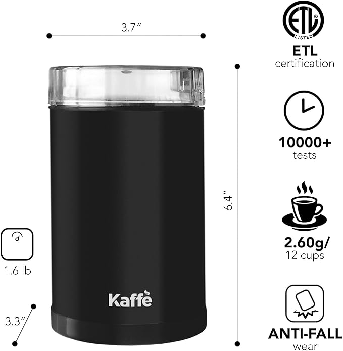Kaffe One-Touch Coffee Grinder Electric w/Cleaning Brush (3 oz) - Coffee Grinders for Home Use - Up to 12 Cups of Coffee per Grind - Easy On/Off Coffee Bean Grinder - Matte Black