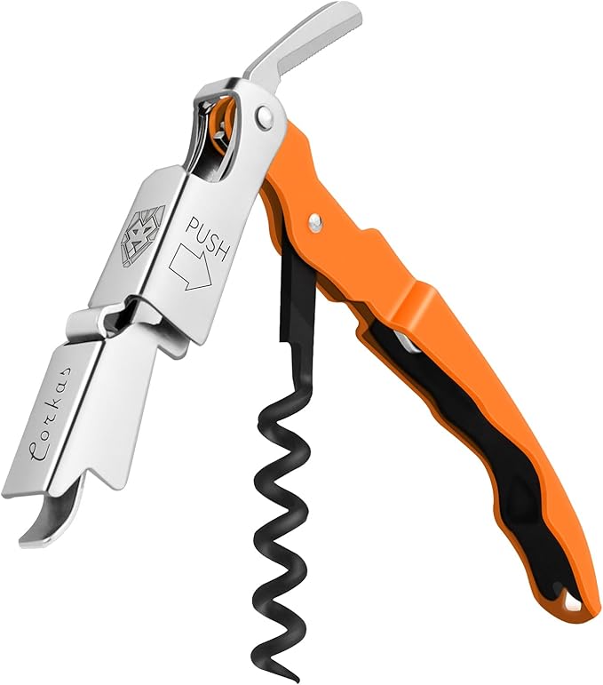 CORKAS Wine Key - Professional Handcrafted Heavy Duty Waiter Corkscrew, Compact Wine Opener with Double Hinged, Foil Cutter and Bottle Opener, Gifts for Servers, Sommelier, Bartenders - Orange