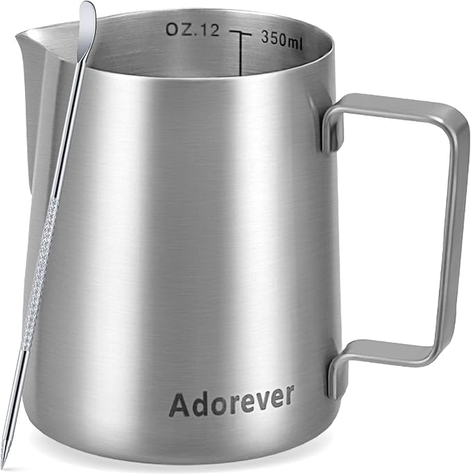 Adorever Milk Frothing Pitcher, 12oz Stainless Steel Milk Frother Cup Steaming Pitcher, Cappuccino Espresso Accessories Coffee Bar Barista Tools, Steamer Cup Milk Jug with Latte Art Pen, Matte Steel