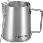 Adorever Milk Frothing Pitcher, 12oz Stainless Steel Milk Frother Cup Steaming Pitcher, Cappuccino Espresso Accessories Coffee Bar Barista Tools, Steamer Cup Milk Jug with Latte Art Pen, Matte Steel