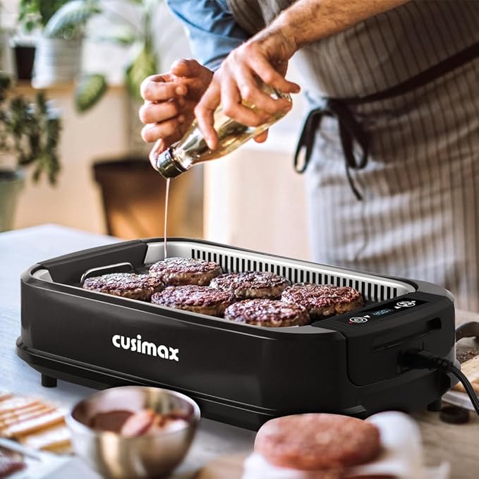 Smokeless Grill Indoor, CUSIMAX Electric Grill, 1500W Portable Korean BBQ Grill with LED Smart Display & Tempered Glass Lid, Non-stick Removable Plate, Dishwasher Safe, Black