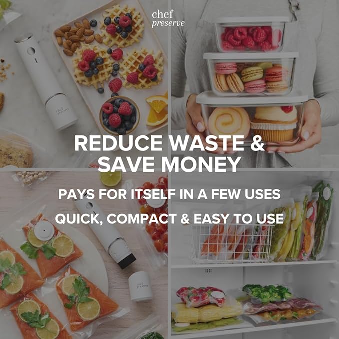 Chef Preserve Compact Vacuum Sealer for Food (Vacuum Sealer Machine + 3 Glass Vacuum Containers + 30 Reusable Vacuum Bags) Powerful Handheld Vacuum Seal Machine, Seal Meal Saver, Portable Food Sealer