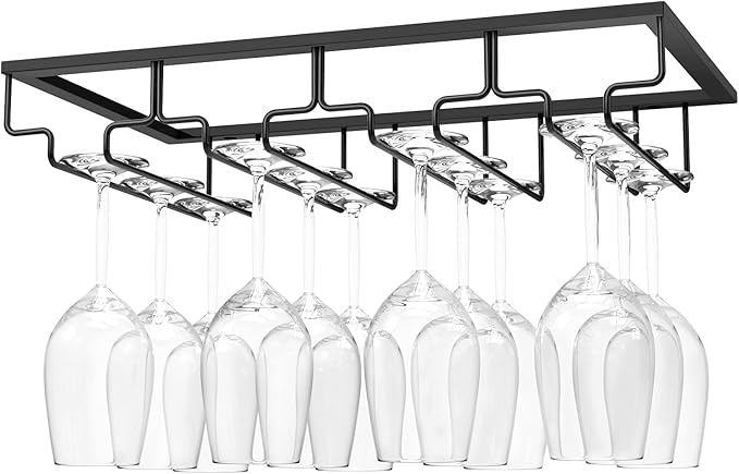 Nuovoware Wine Glass Rack, 4 Rows Wine Glass Holder Storage Hanger Metal Organizer Under Cabinet Stemware Rack for Bar Kitchen Cabinet, Black