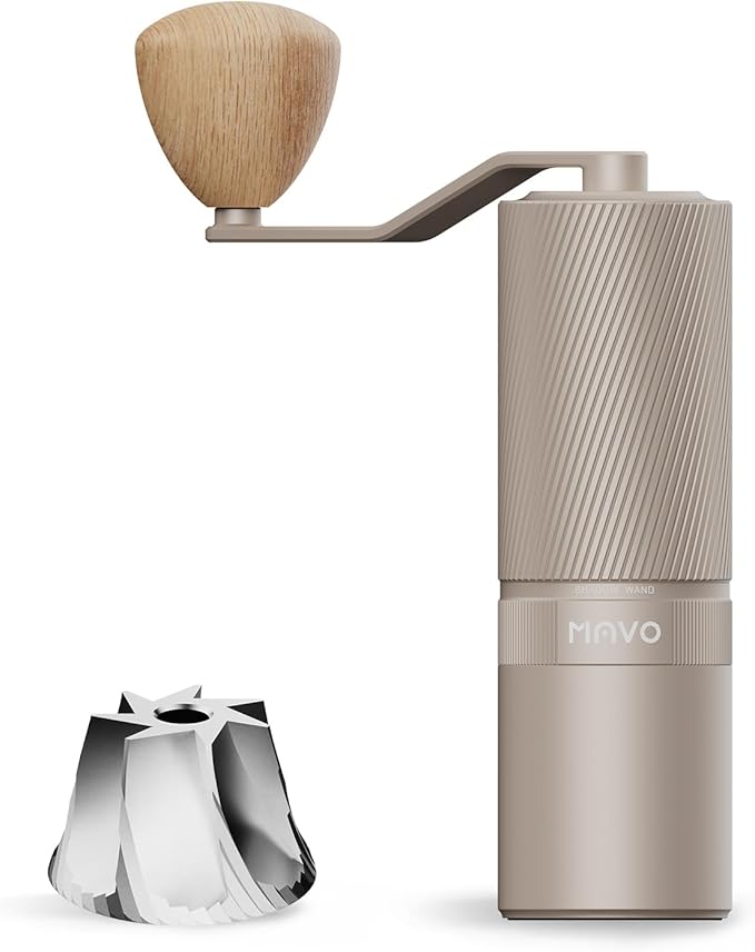 MAVO Manual Coffee Grinder, Shadow Wand Hand Coffee Grinder, Capacity 25g with CNC Stainless Steel Pentagon Conical Burr, Adjustable Setting, Burr Coffee Bean Grinder for Pour Over, Espresso (Silver)