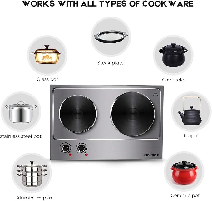 CUSIMAX 1800W Double Hot Plate, Stainless Steel Silver Countertop Burner Portable Electric Double Burners Electric Cast Iron Hot Plates Cooktop, Easy to Clean, Upgraded Version C180N