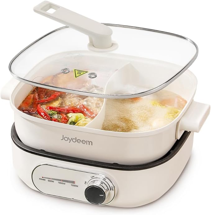 Joydeem Electric Hot Pot with Divider, 6L/6.3 qt Double-Flavor Shabu Shabu Pot, UL Listed & Boil-dry Protection, Suitable for 2-6 People, DHG-B600