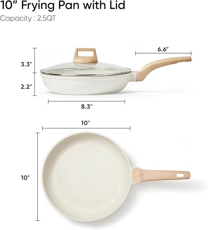 CAROTE Non Stick Frying Pan Skillet,10" Nonstick Fry Pan with Glass Lid, Egg Pan Omelet Pans, Granite Cookware PFOA Free White Granite, 10-Inch