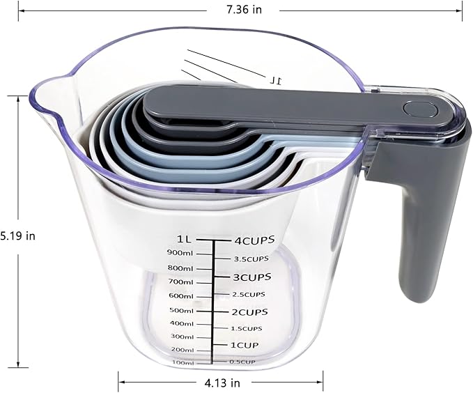 17 Piece Measuring Cups and Spoons Set, Stainless Steel Measuring Spoons Set and Stackable Measuring Cup with Lid for Liquid and Dry Ingredients, Cooking Baking Gadgets