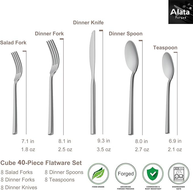Alata Cube 40-Piece Forged Stainless Steel Flatware Set Cutlery Set, Silverware Set Service for 8, Mirror Finish, Dishwasher Safe