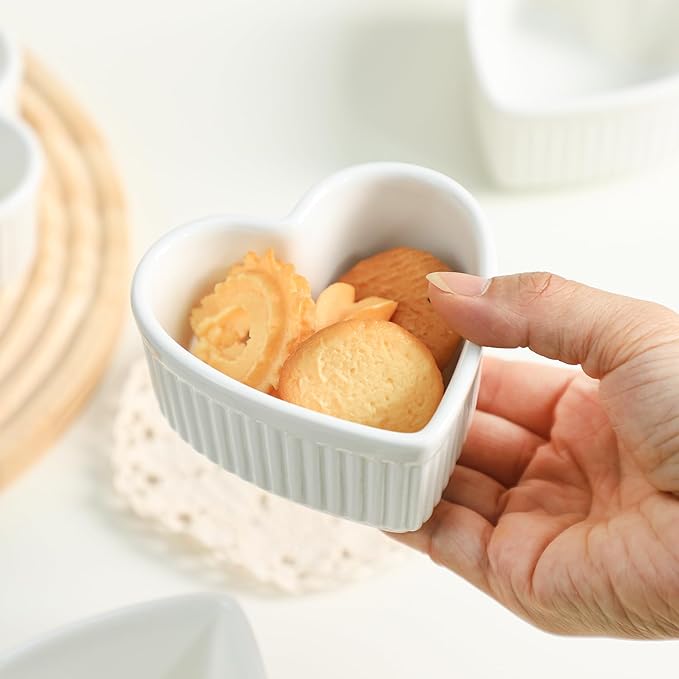 Sizikato Heart-Shaped Porcelain Souffle Dishes, Ramekins - 3.5 Inches for Souffle, Creme Brulee and Dipping Sauces - Set of 4