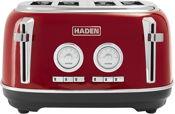 Haden Dorset 4 Slice Wide Slot Stainless Steel Toaster with Adjustable Browning Control & Non-Slip Feet, Rectory Red