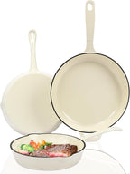 Hisencn Enameled Cast Iron Skillet Set - 3-Piece Fry Pans (8",9.5",11"), PFAS/PTFE/PFOA-Free, Oven & Induction Safe, Cream White Cookware for Gas, Electric, Ceramic Stovetops