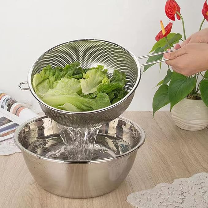 Stainless Steel Basin Colander with Handle, Fine Mesh Kitchen Food Strainer, Large Metal Food Pasta Colanders for Pasta, Noodles, Vegetables and Fruits(COLOR:silver)
