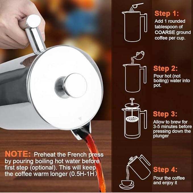 Secura French Press Coffee Maker, 304 Grade Stainless Steel Insulated Coffee Press with 2 Extra Screens, 50oz (1.5 Litre), Silver