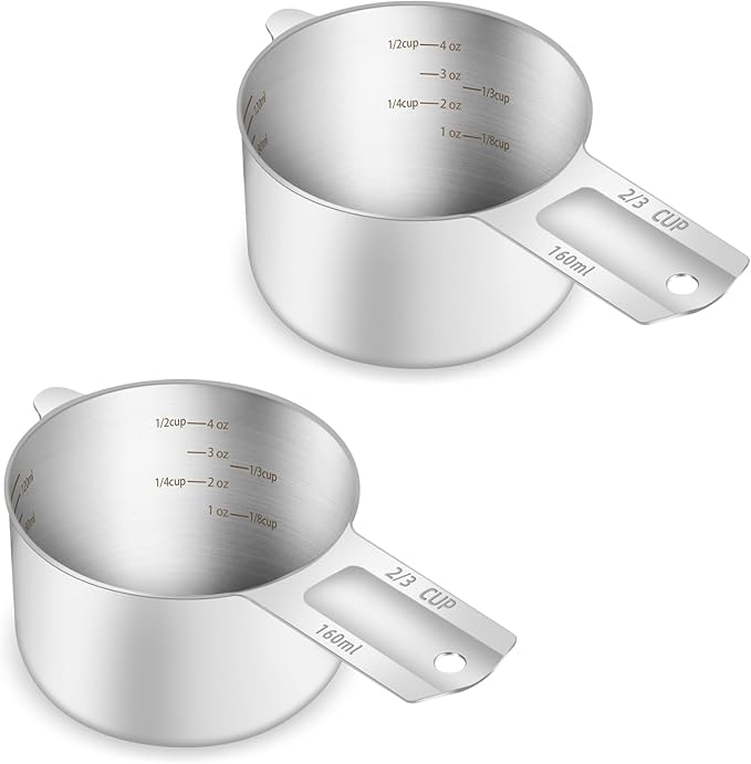 2PCS 2/3Cup (160ml, 5.3oz) Single Measuring Cup, Etched Inner Scale Stainless Steel Measure Scoop, Metric and US Measurement, Dishwasher Safe