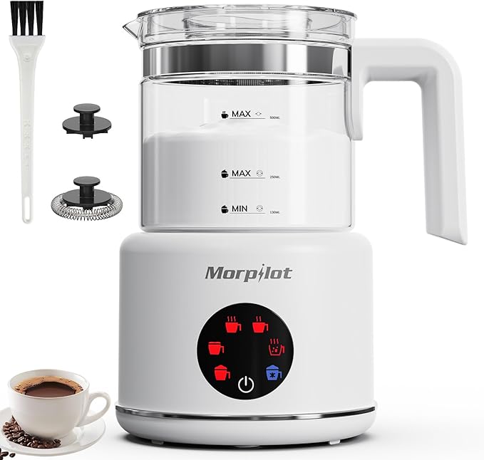 Large Electric Milk Frother and Steamer, 16.9oz/500ml Milk Steamer and Frother for Latte or Hot Chocolate, Dishwasher Safe, BPA Free, 6 Functions, Enjoy Perfect Milk Froth in 2 Min (White-Glass)