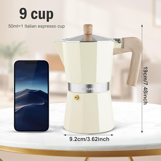 Sivaphe Aluminum Moka Pot 9 Espresso Cups, Percolator Espresso and Coffee Maker, Portable Stovetop Italian and Cuban Café Brewer for Home and Camping White