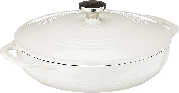 Lodge 3.6 Quart Enameled Cast Iron Round Casserole With Lid– Dual Handles – Oven Safe up to 500° F or on Stovetop - Use to Marinate, Cook, Bake, Refrigerate and Serve – Oyster White