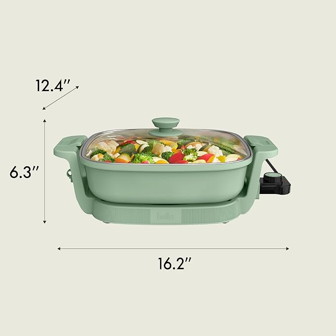bella Make & Take Electric Skillet, Fits-anywhere™ kitchenware, EverGood™ Ceramic Coating, Adjustable Temperature & Dishwasher-Safe Tempered Glass Lid, Cast Aluminum Base, 1200 Watt, Seaglass