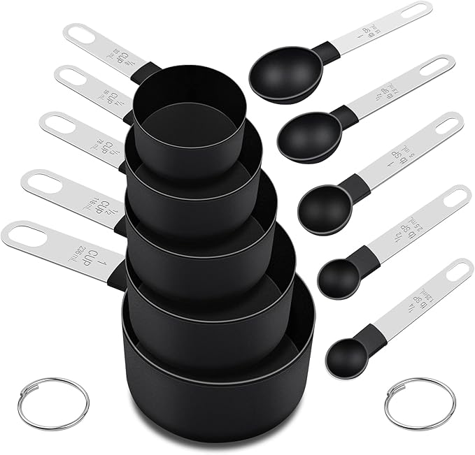 Measuring Cups and Spoons Set, 10 Pieces Nesting Measure Tools, Kitchen Essentials Gadgets with Stainless Steel Handle for Dry & Liquid Ingredient, Black
