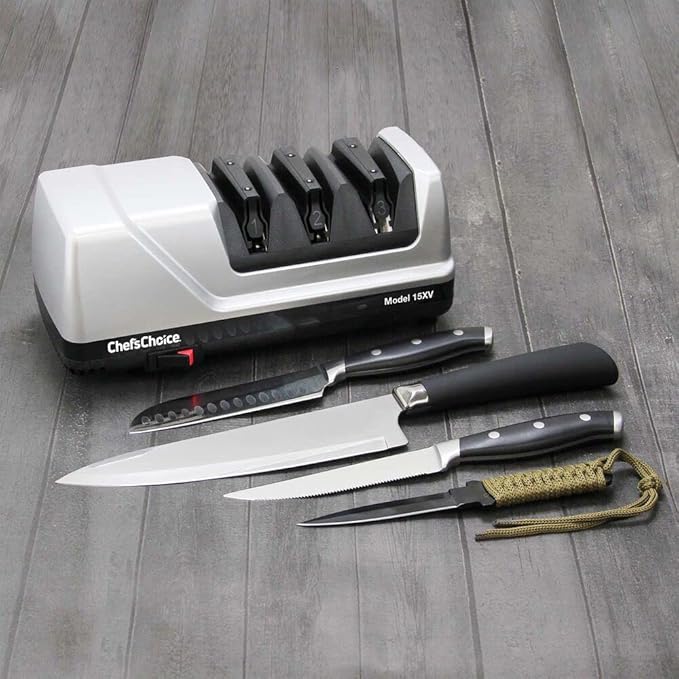 Chef’sChoice 15XV EdgeSelect Professional Electric Knife Sharpener with 100-Percent Diamond Abrasives and Precision Angle Guides for Straight Edge and Serrated Knives, 3-Stage, Gray