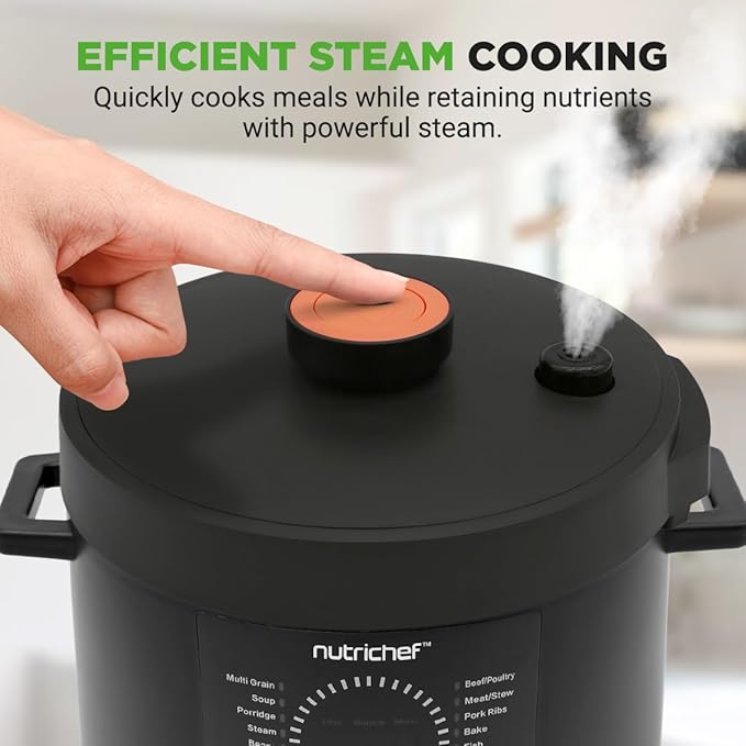NutriChef Electric Pressure Cooker 6 Quart Capacity | 9 Function Digital Countertop Pressure Cooker | Adjustable Time & Temperature | Cook, Bake, Steam, Broil, & Braise | 13.1 x 11.4 IN | Black