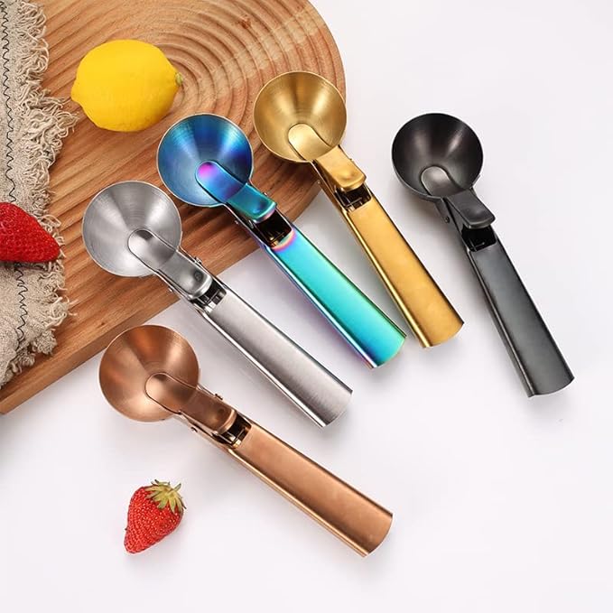 Ice Cream Scoop, 2Pcs Stainless Steel Black Cookie Scoop with Trigger Melon Baller Scooper Cones, Specialty Tools and Gadgets, Ice Cream Spoon Food Scoop for Frozen Yogurt Sundaes Fruit Cookie