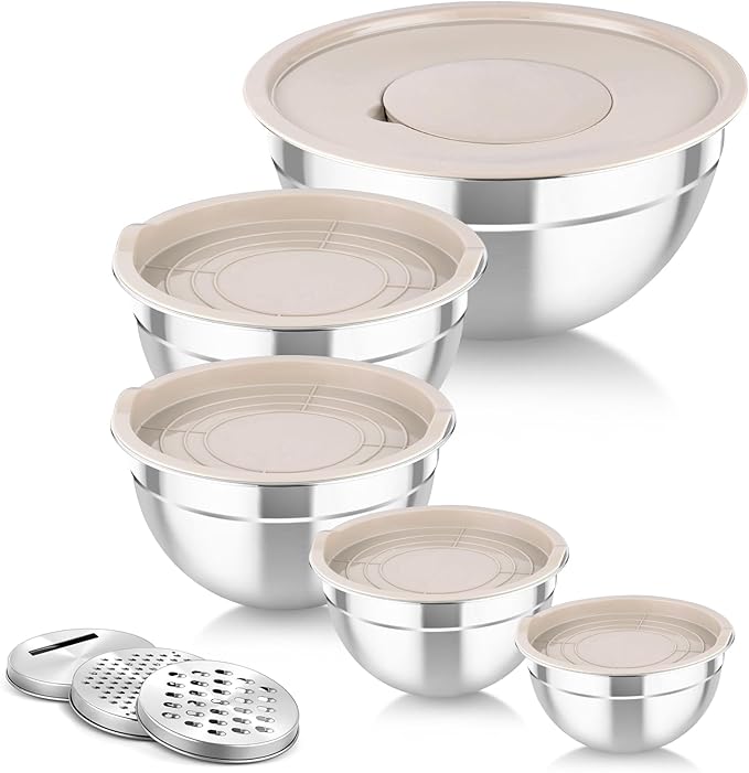 TeamFar Mixing Bowls with Airtight Lids, 5PCS Stainless Steel Metal Salad Bowl with 3 Grater Attachments, for Cooking, Prepping, Serving, Healthy & Easy Clean - 0.7/1/1.5/2.6/4.6QT, Khaki