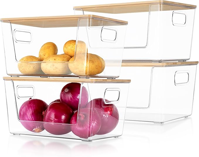 4 Set Pantry Organizer and Storage, Stackable Trash Bag Dispenser Clear Acrylic Kitchen Counter Pantry Baskets for Potato, Onion, Produce, Fruit, Vegetable, Snack, Trash Bag Holder with Bamboo Top