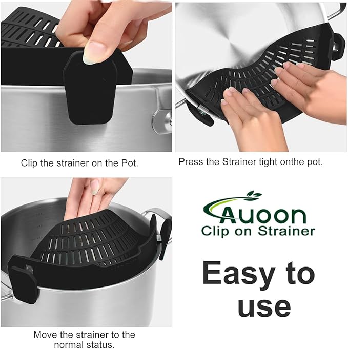 Large AUOON Clip on Strainer for All Pots and Pans - Oversized Silicone Pot Strainer Family-Style Design Pasta Strainer Kitchen Colander for Spaghetti and Noodles | Dishwasher Safe