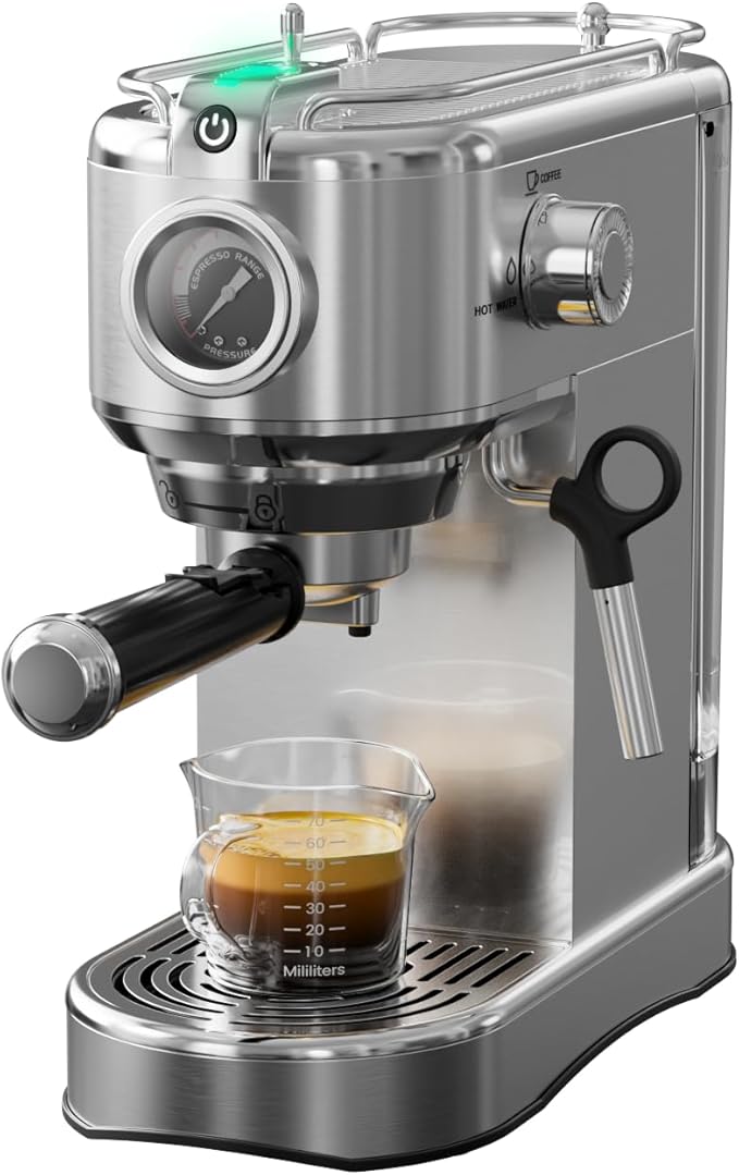Espresso Machine 20 Bar, Compact Espresso Maker Stainless Steel 1450W Professional Coffee Machine for Latte & Cappuccino with Steam Wand