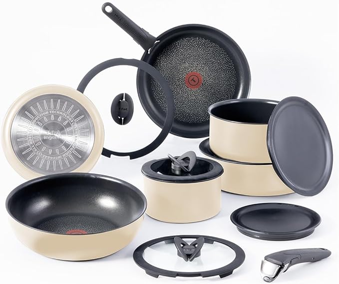 T-fal Ingenio Expertise Non Stick Cookware Set 14 Piece, Induction, Oven Broiler Safe 500F, Stackable Cookware, Pots and Pans, RV, Camping, Fry Pans, Dishwasher Safe, Detachable Handle, French Vanilla