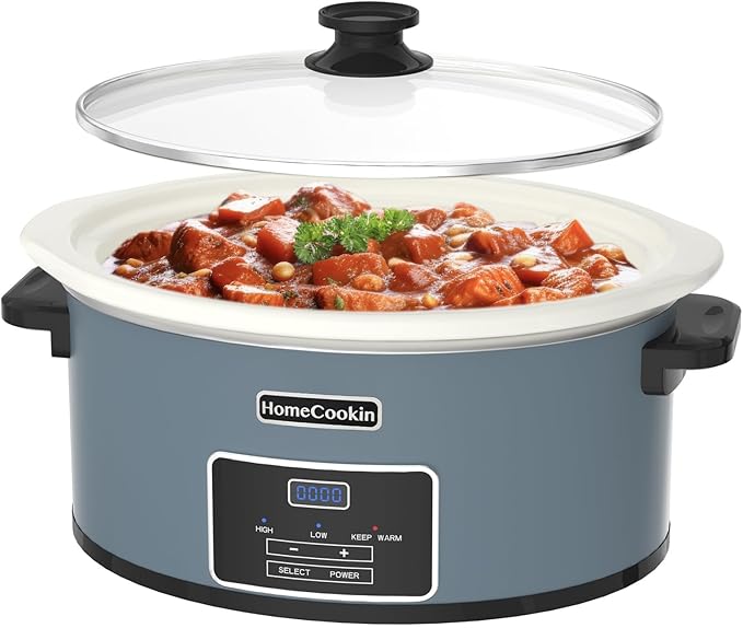 HOMECOOKIN 6-Quart Programmable Slow Cooker with Timer - Small Kitchen Appliance for Family Dinners - Serves 6+ People - Heat Settings: Keep Warm(Blue)