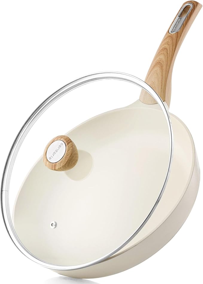 SENSARTE Ceramic Nonstick Frying Pan Skillet with Lid, 9.5inch Non Stick Pan Omelet Pans, Non-toxic Kitchen Cooking Chef's Pan, Free of Intentionally Added PFAS/PTFE/PFOA, Induction Compatible, White
