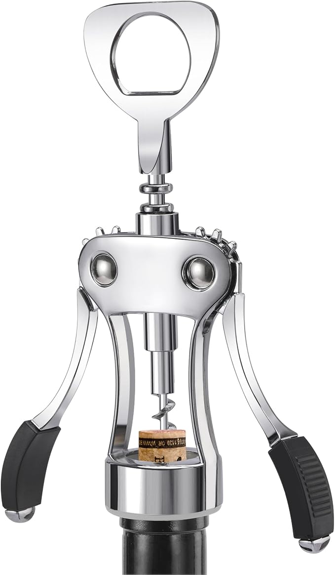 KORCCI Wine Opener, Heavy-Duty Zinc Alloy Wing Corkscrew, Premium Beer Bottle Opener, Multifunctional Wine Accessories with Ergonomic Handle and Sharp Screw, for Kitchen, Bar, Restaurant (SILVER)