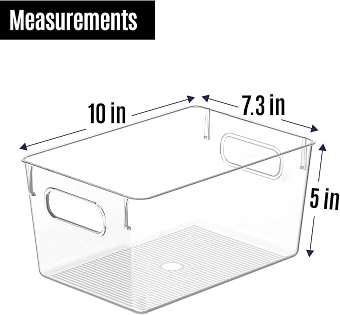 Clear Plastic Storage Bins, Pantry Organizers and Storage Containers Fridge Organizer Bins Kitchen Cabinet Organizer for Organizing Home, Bathroom, Freezer, Refrigerator. (10 x 7.3 x 5)